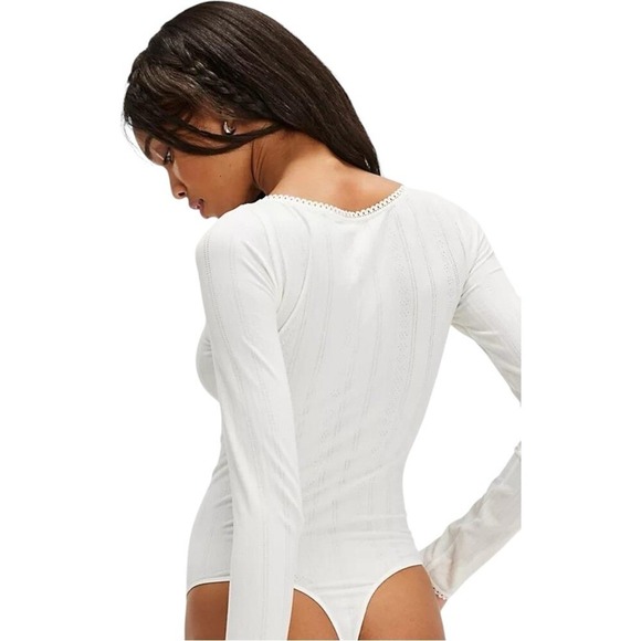 New FREE PEOPLE Playing Favorites‎ White Pointelle Boat Neck Thong Bodysuit XS S - Picture 4 of 7